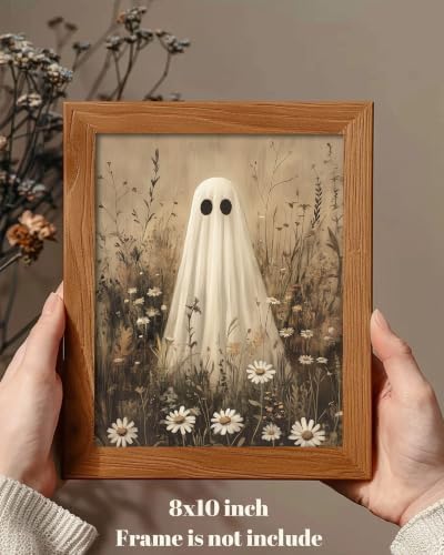 ZBJLLK Cute Ghost Wildflower Canvas Wall Art, Vintage Halloween Dark Academia Oil Painting Print, Spooky Cottagecore Botanical Artwork for Living Room Bedroom Bathroom Home Decor, 8x10 Inch Unframed - Image 2