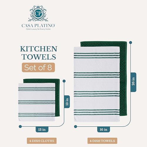 Casa Platino Kitchen Towel Set 8 Pc - 4 Dish Cloths for Washing Dishes (13"x13") & Kitchen Towels (16"x26") - Cotton Rich, Soft, Absorbent Wash Rags, Quick Dry & Durable Tea Towels for Wiping - Olive. - Image 2