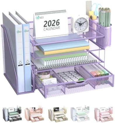 WALI Desk File Organizer, 4 Tier Desktop Paper Letter Tray Organizer with Drawer and 2 Pen Holders, Office Desk Accessories & Workspace Organizers for Office, Home Supplies(DO005DH-V), 1 Pack, Purple by WALI