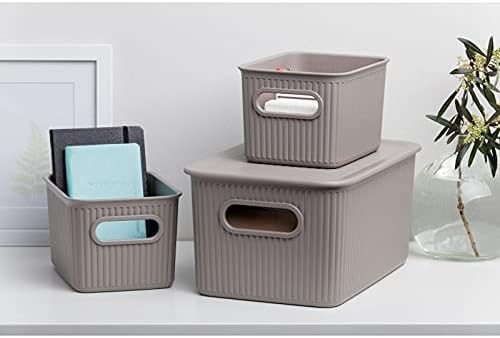 Decorative Plastic Basket Open Home Storage Bins Organizer Baskets, Small Taupe (4 Pack) Container Boxes for Organizing Closet Storage Bins for Shelves Drawer Shelf - Ribbed Collection 1.5 Liter