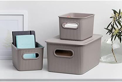 Decorative Plastic Basket Open Home Storage Bins Organizer Baskets, Small Taupe (4 Pack) Container Boxes for Organizing Closet Storage Bins for Shelves Drawer Shelf - Ribbed Collection 1.5 Liter