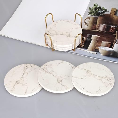 4inch Round White Marble Coaster with Gold Storage Rack 6pcs - Image 3