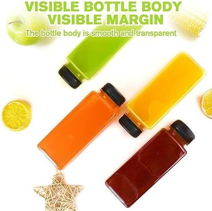 Leaflai Plastic Juice Bottles with Caps 12 pcs- 8oz Reusable Juice Containers with Tamper Proof Lids Black- Clear Juice Bottles for Juicing Milk Smoothie Drinking and Other Beverages Christmas Gifts