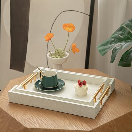 2 Piece Woven Leather Ottoman Tray with Gold Handles, Perfect Rectangular Serving Tray for Living Room, Coffee Table Tray as Thoughtful Gift for Home Decor Enthusiasts (White) - Image 2