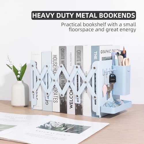 Adjustable Bookends, 19" Metal Book Ends for Heavy Books, 2 Dividers Bookends with Removable Pen Holder, Tray, and 3 Hook-up, Book Organizer for Office, School, Bookstore, Home - Image 7