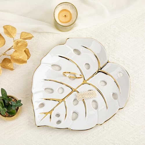 Ceramic Leaf Shaped Decorative Tray, White Gold Monstera Leaf Plate 12.6"x11" for Jewelry, Keys, Snack, Candle Holder, Modern Table Centerpiece Home Decor by DILATATA