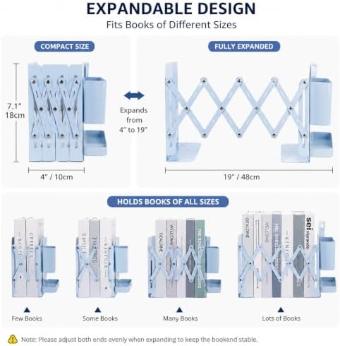 Adjustable Bookends, 19" Metal Book Ends for Heavy Books, 2 Dividers Bookends with Removable Pen Holder, Tray, and 3 Hook-up, Book Organizer for Office, School, Bookstore, Home - Image 3