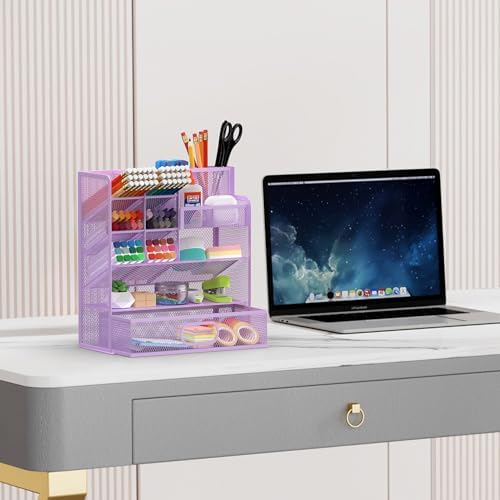 Mesh Pen Organizer for Desk, 13 Compartments with Drawer， Purple - Image 7