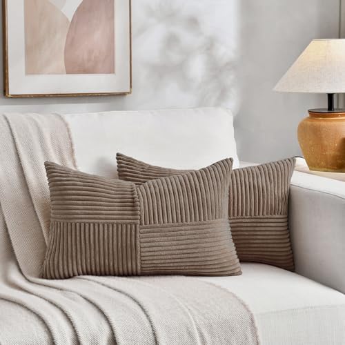 Fancy Homi Set of 2 Light Brown Lumbar Decorative Throw Pillow Covers 16x26 Inch for Living Room Bedroom Couch Bed Sofa, Soft Striped Corduroy Modern Rectangle Accent Cushion Case 65x40 cm - Image 5