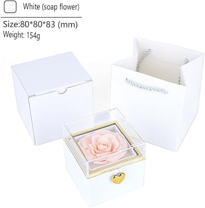 Magic Flip Jewelry Carousel with Heart Button Surprise, Rotating Transparent Gift Box - Bear Cake or Flower Design Organizer for Necklaces & Rings, Birthday Mothers Day Gifts for Women (White Flower)