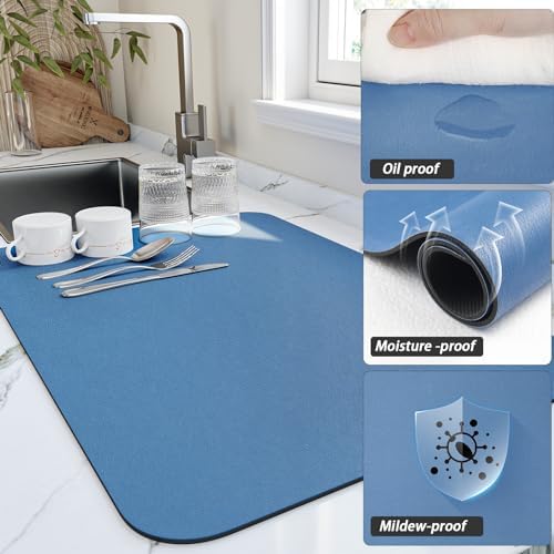HotLive Dish Drying Mat for Kitchen Counter, Heat Resistant Drainer Mats with Non-slip Rubber Backed, Hide Stain Kitchen Super Absorbent Draining Mat, Easy to Clean Dish Rack Pad, Blue 18"x28" - Image 3