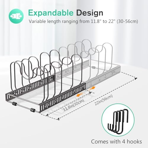 Puricon Drink Organizer for Fridge Pusher Glide Bundle with Expandable Pot and Pan Organizer for Cabinet with 10 Dividers