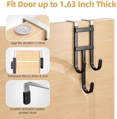 BAKON Over the Door Hanger, 4 Pack Black Triple Hooks Fits Doors 1.6" - Image 2