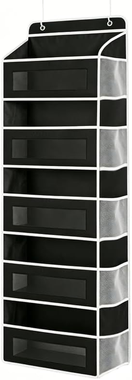 5-layer large capacity storage bag on the door, with 5 side pockets and transparent mesh visible design. The hard bottom plate is not easily deformed, and hooks and screws can be hung (black)
