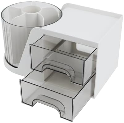 Desk Organizer with Rotating Pencil Pen Holder and 2 Small Drawers, Desk Caddy for Office Workspace Organization and Storage (White) - Image 2