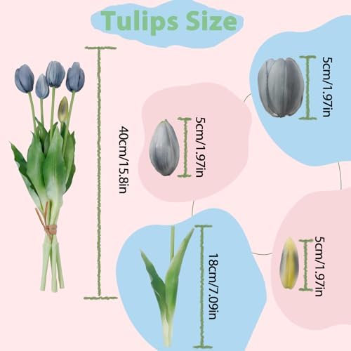 15 Pcs Fall Blue Artificial Tulips Fake Flowers, Premium Latex Lifelike Texture, UV Resistant Waterproof Faux Tulip Bouquets with Snap-on Petals for Outdoor, Home, Wedding Decor - Image 2