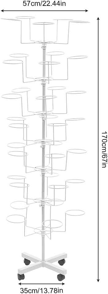 Freestanding Rotating Hat Display Rack: 7-Tiers, 35 Hooks, with Wheels, Black Metal Floor Stand for Hats, Wigs, and Caps - Ideal for Retail Stores and Organizing Headwear. (White)
