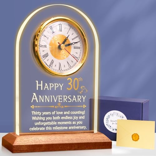 OkiyiD 30th Anniversary Wedding Gifts for Couples, 30 Years of Marriage, Light Up Anniversary Quartz Clock with LED Wooden Base for Home Decor,30th Wedding for Husband Wife, Parents by OKiyiD