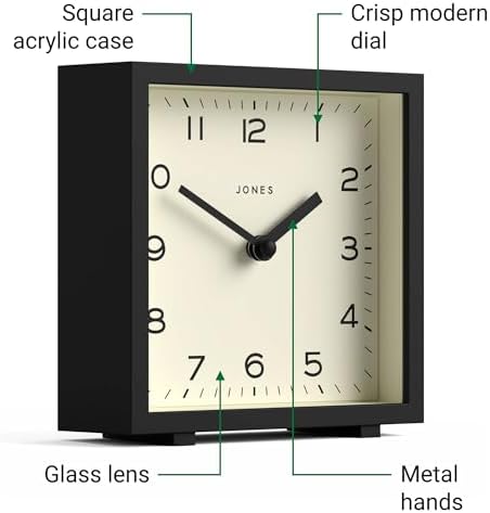 JONES CLOCKS® Disco Desk Clock | Sleek Square Design | Black | Stylish and Easy to Read for Shelf, Table, Mantel or Bedside - Image 5