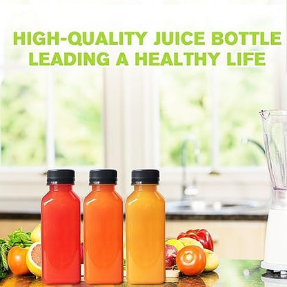 Leaflai Plastic Juice Bottles with Caps 12 pcs- 8oz Reusable Juice Containers with Tamper Proof Lids Black- Clear Juice Bottles for Juicing Milk Smoothie Drinking and Other Beverages Christmas Gifts