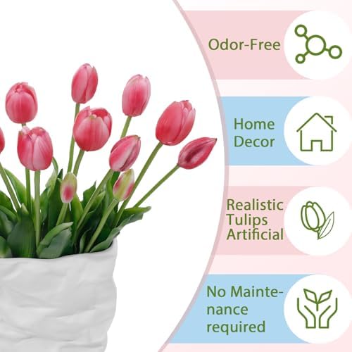 15 Pcs Deep Pink Artificial Tulips Fake Flowers, Premium Latex Lifelike Texture, UV Resistant Waterproof Faux Tulip Bouquets with Snap-on Petals for Outdoor, Home, Wedding Decor - Image 4