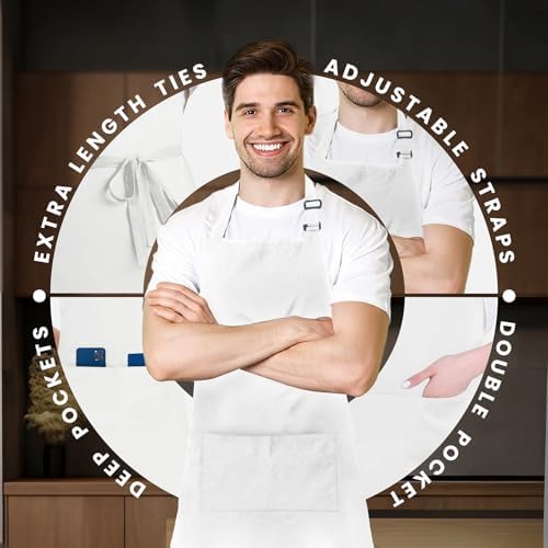 Adjustable Bib Apron 100% Polyester Kitchen Aprons Waterdrop Resistant Aprons with Adjustable Strap, Pockets & Long Ties - Image 4