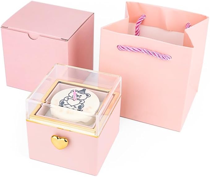 Magic Flip Jewelry Carousel with Heart Button Surprise, Rotating Transparent Gift Box - Bear Cake or Flower Design Organizer for Necklaces & Rings, Birthday Mothers Day Gifts for Women (Pink Bear)