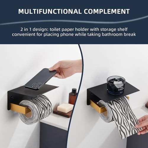 Angle Simple Toilet Paper Holder with Shelf, Black and Gold - Image 3