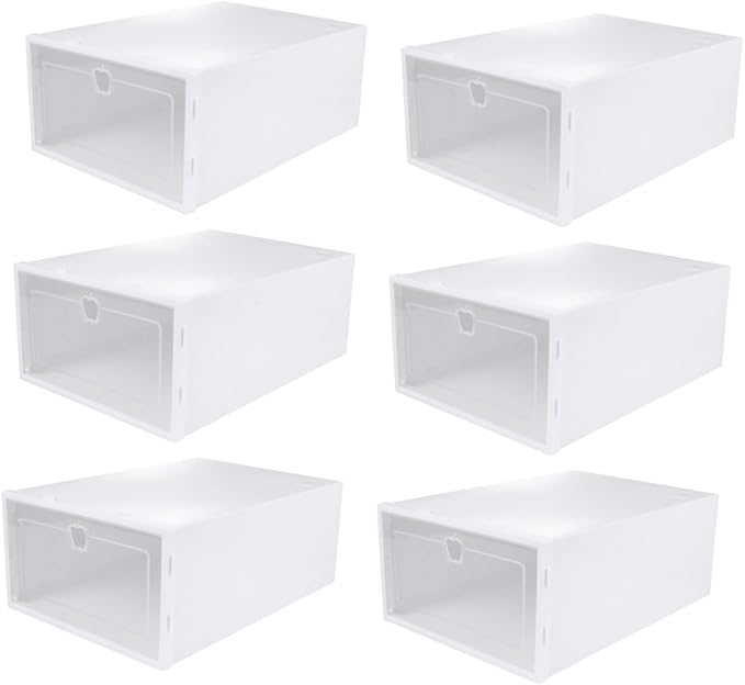 Vaguelly 6pcs Thicken Shoe Boxes Stackable Organizer for High Heels Sneakers Boots Dust Storage for Closet White Frame