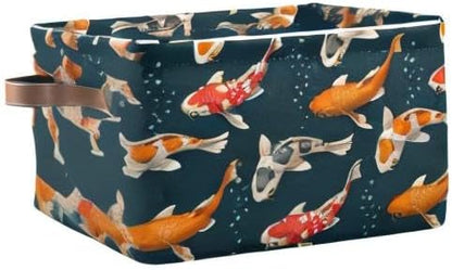 Foldable Storage Baskets, Koi Carps 3D Japanese Storage Bins with Handles, Decorative Cloth Organizer Storage Boxes for Home|Office 15 x 11 x 9.5 in