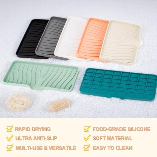 Silicone Soap Dish with Drainer | Quick-Dry Holder for Sponge, Dispenser, Scrubber, Bottle and Cup | for Kitchen, Shower and Bathroom (Grey, Large, 1 Pack)