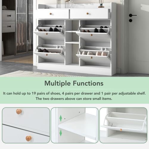 FridayParts Modern Shoe Cabinet with 4 Flip Drawers, Multifunctional 2-Tier Shoe Storage Organizer with Drawers, Free Standing Shoe Rack for Entrance Hallway, White