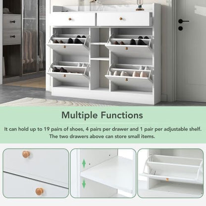 FridayParts Modern Shoe Cabinet with 4 Flip Drawers, Multifunctional 2-Tier Shoe Storage Organizer with Drawers, Free Standing Shoe Rack for Entrance Hallway, White