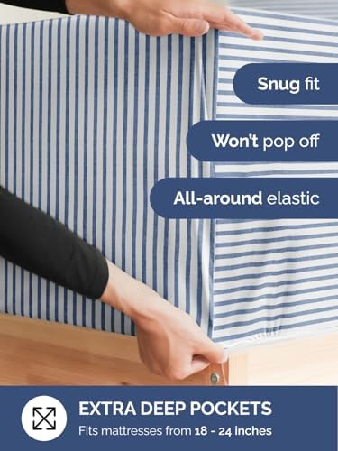 CGK Extra Deep Twin XL Single Fitted Sheet Only - Blue Stripes - Image 2
