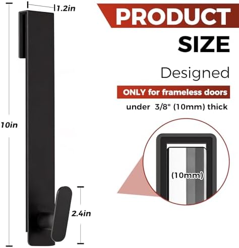 Shower Door Hooks 10 Inch,Extended Heavy Duty Shower Hooks for Towels,Over the Towel Hooks for Bathroom Frameless Glass Door (Black,2 Pack) - Image 2