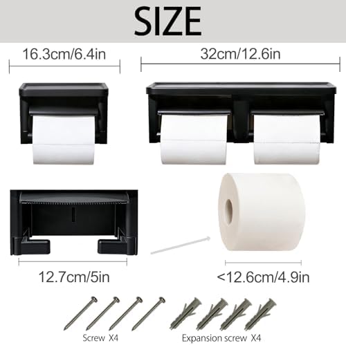 Matte Black Double Toilet Paper Holder with Shelf - Toilet Paper Cutting Function, Toilet Paper Holder Wall Mounted for Bathroom Washroom - Image 3
