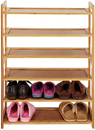 Bamboo Shoe Rack, Free Standing Shoe Rack, Wood Color Closets and Entryway Organizer Wood Color (6-Tiers)