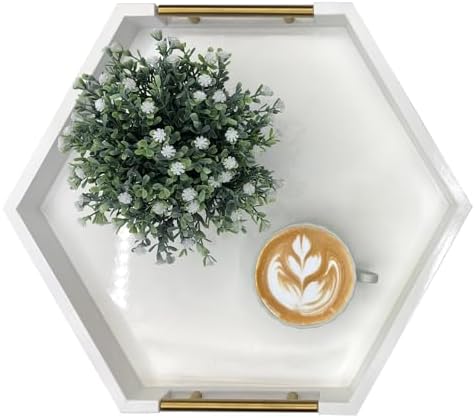 Serving Tray with Polished Metal Handles, Hexagon Coffee Table Tray, Modern Rectangle Decorative Tray, Large Ottoman Tray, Perfect for Storage and Display (White Hexagon) - Image 2