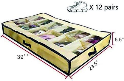 Men/Women Adults 12 Cells See Through Underbed Shoe Storage Bag Organizer, Beige