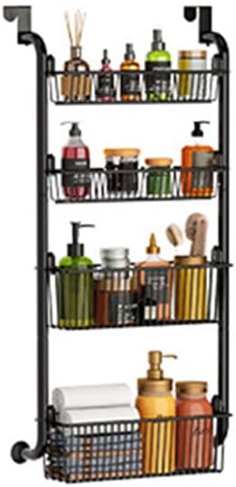 4 Layers Pantry over the Door Organizer with 2 suction cups, Metal over the Door Spice Rack with Adjustable Baskets, Behind Door Organizer Hanging- for Kitchen Laundry Bathroom (Black)