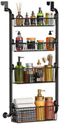 4 Layers Pantry over the Door Organizer with 2 suction cups, Metal over the Door Spice Rack with Adjustable Baskets, Behind Door Organizer Hanging- for Kitchen Laundry Bathroom (Black)