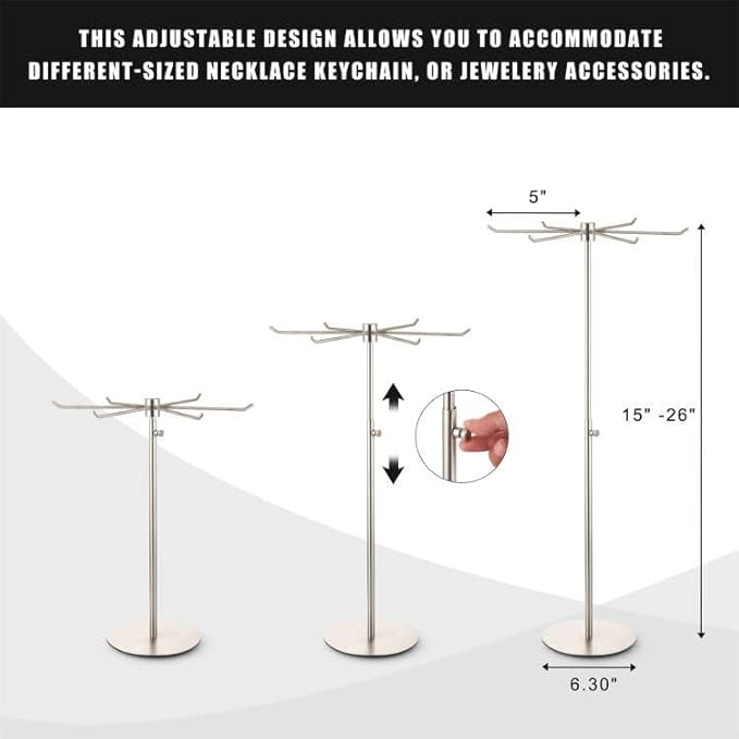 Rotating Keychain Display Stand - Height-adjustable Brushed Silver Metal Jewelry Organizer - Long Necklace Display Stand with 6 Hook - Scratch-resistant Display Racks for Craft Shows
