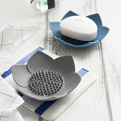 H&R 3 Pack Silicone Soap Holder, Bathroom Soap Tray with Drain, Lotus Shaped - Blue, Green, Grey