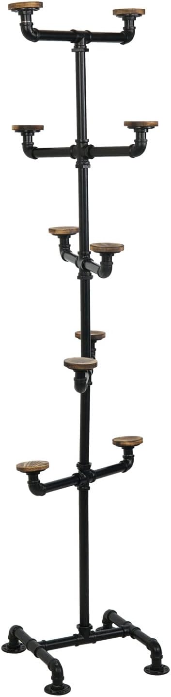MyGift Hat Rack Stand,Standing Hat Organizer Tree, Baseball Caps Cowboy Hat Display, Industrial Black Metal Pipe Rack with 10 Round Rustic Burnt Wood Hanger Hooks
