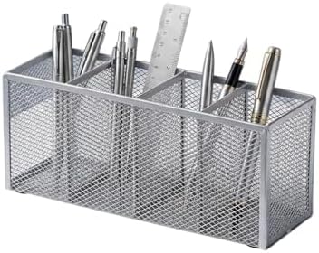 Metal Pen Holder, Pencil Holder 4 Compartments, Mesh Pen Storage Pencil Organizer Cup Makeup Brush Holder for Office Desk Accessories, Silver by Unknown