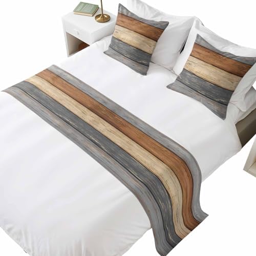 Bed Runner for King Size Bed, Farmhouse Haze Blue Brown Decorative Beds Runners and 2 Matching Pillow Covers Set, Vintage Wooden Striped Beds Scarf Throw for Foot of Bedding Set for Hotel/Bedroom by Ldtrchee