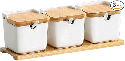 Ceramic Seasoning Jars Spice Containers with Lids, Flip Top Condiment Spice Food Storage Containers - Perfect Sugar Bowl, for Bowl, Chili, Spices, 9.4 Ounces, Set of 3 Jars, for Kitchen, Counter