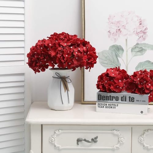Fake Red Hydrangea Artificial Flowers - Faux Silk Hydrangeas Flowers Heads with Stems Real Touch for Home Wedding Party Table Decor(Red,Pack of 10) - Image 2