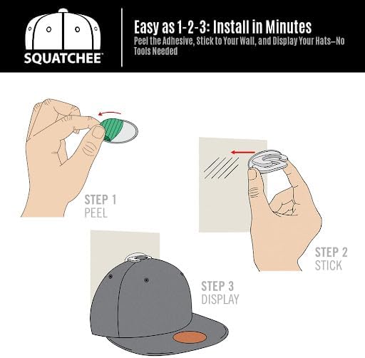 Premium Adhesive Hat Hooks | Made in U.S.A. | Wall Rack for Baseball Caps | Display Holders | Hangers for Closet & Doors | Organization & Storage | Patented Design (Black, 5-Pack)