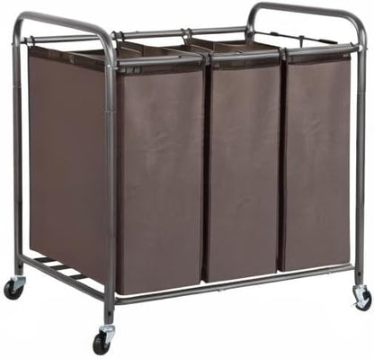 STO STO Laundry Sorter 3 Section, 3 Bag Clothes Hamper, Rolling Laundry Cart Basket with Heavy Duty Lockable Wheels and Removable Bag for Laundry Room, Bedroom, Closet, Brown